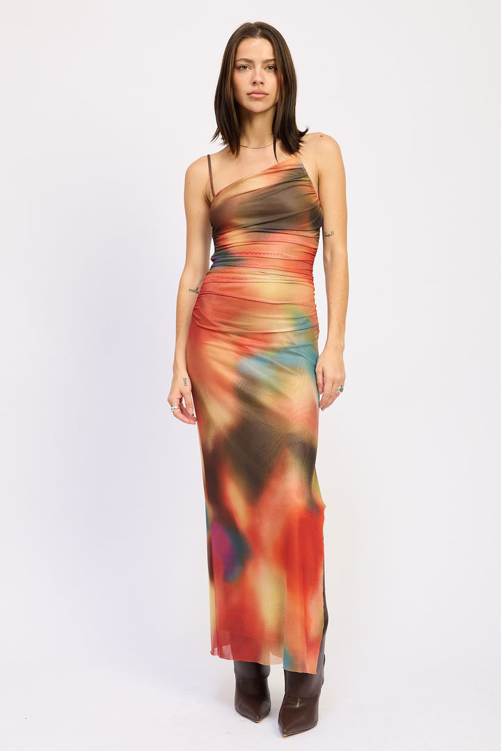 Orange Multi One Shoulder Ruched Maxi Dress
