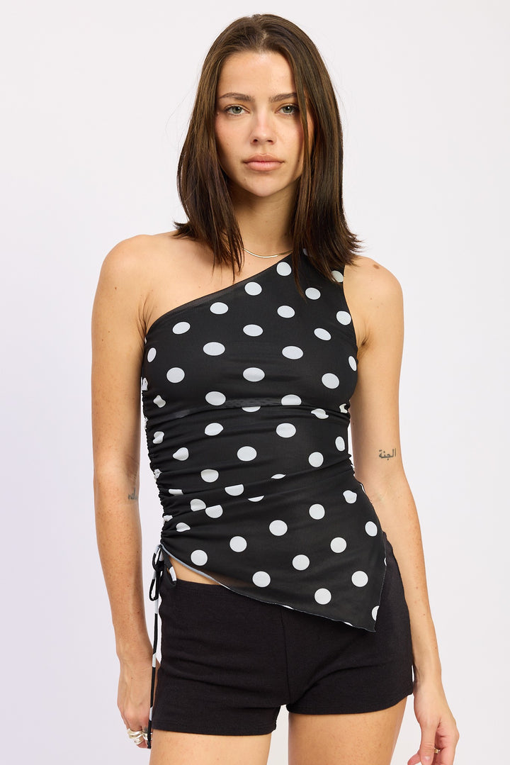 Black White One Shoulder Side Ruched Top