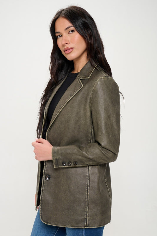 Olive Brown Coalition La Single Breasted Vegan Leather Blazer