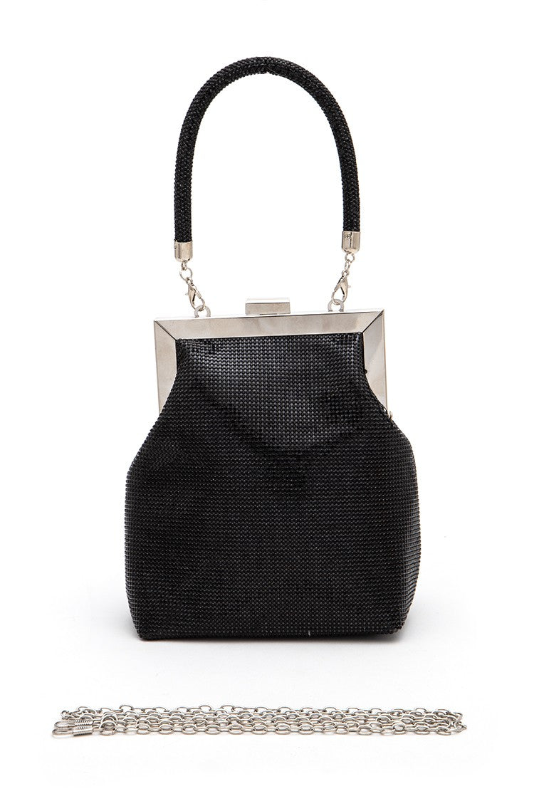 Silver Top Handle Rhinestone Soft Clutch Bag