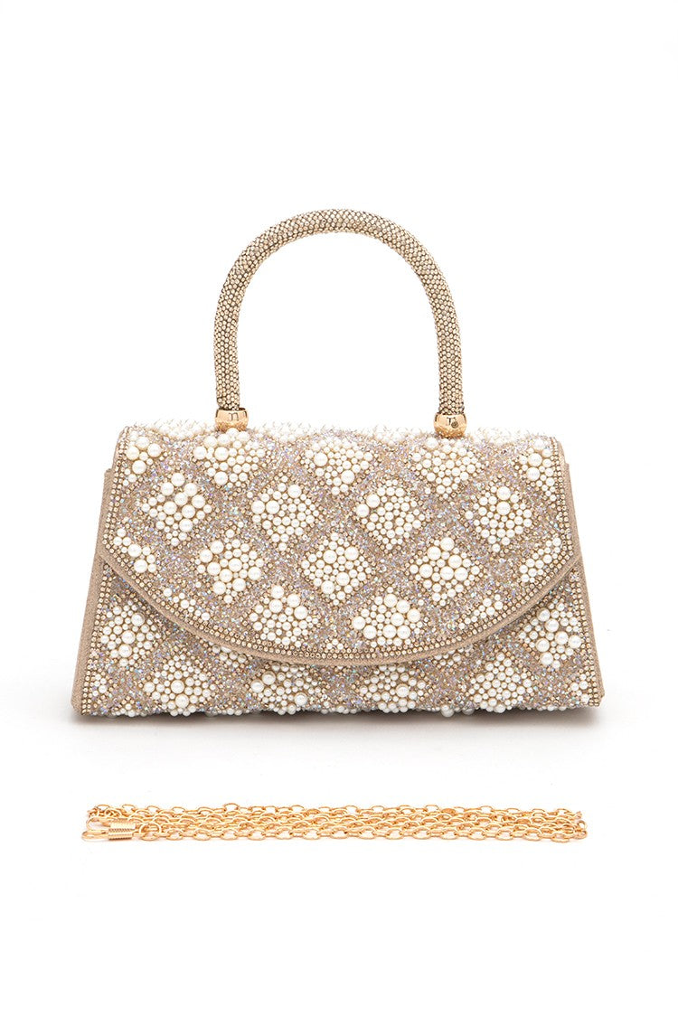 Beige Rhinestone And Pearl Iconic Top Handle Clutch Bag