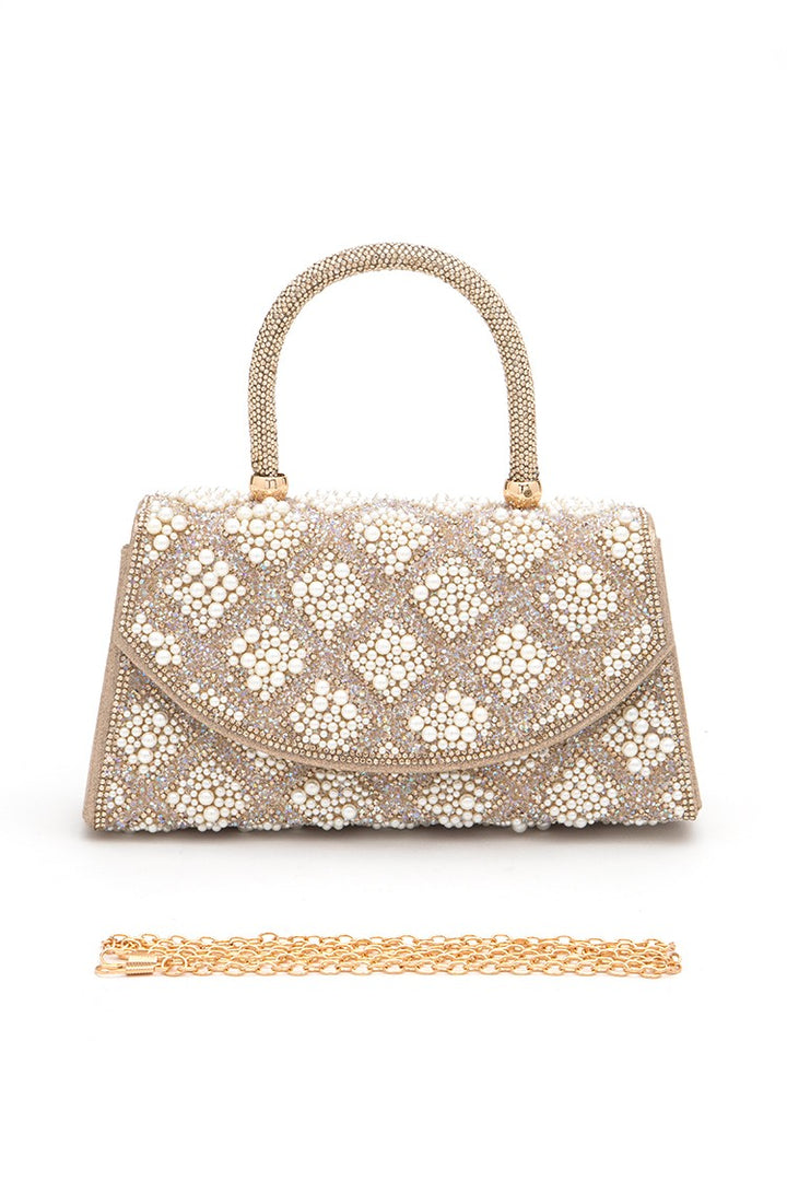 Beige Rhinestone And Pearl Iconic Top Handle Clutch Bag