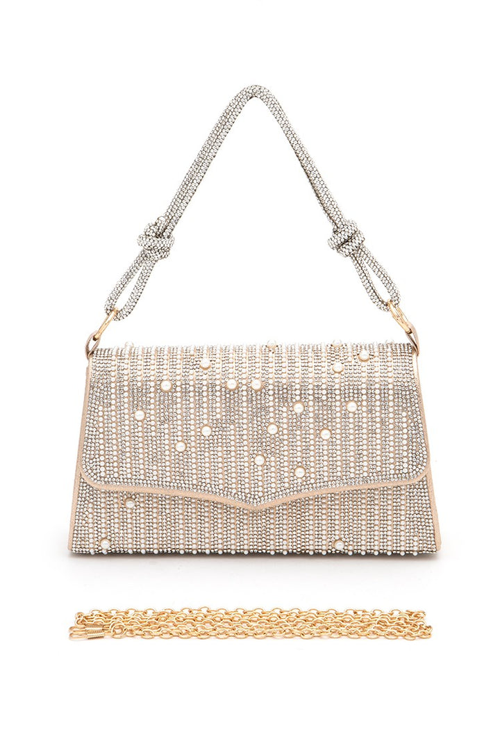 Apricot Rhinestone Pearl Top Handle Statement Clutch Bag