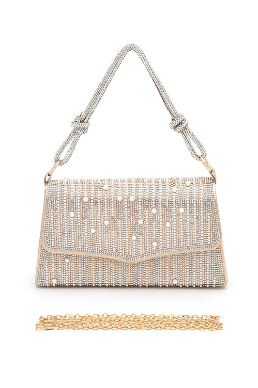 Apricot Rhinestone Pearl Top Handle Statement Clutch Bag