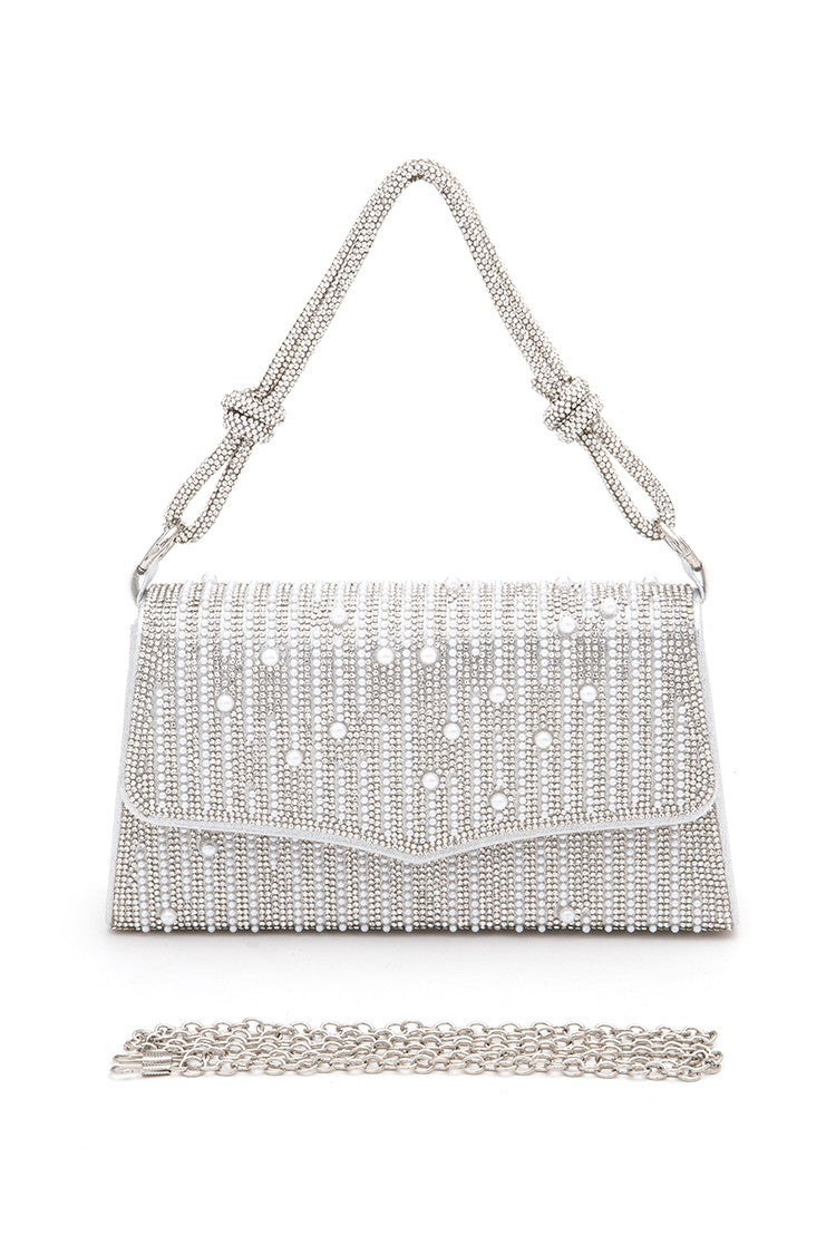 White Rhinestone Pearl Top Handle Statement Clutch Bag