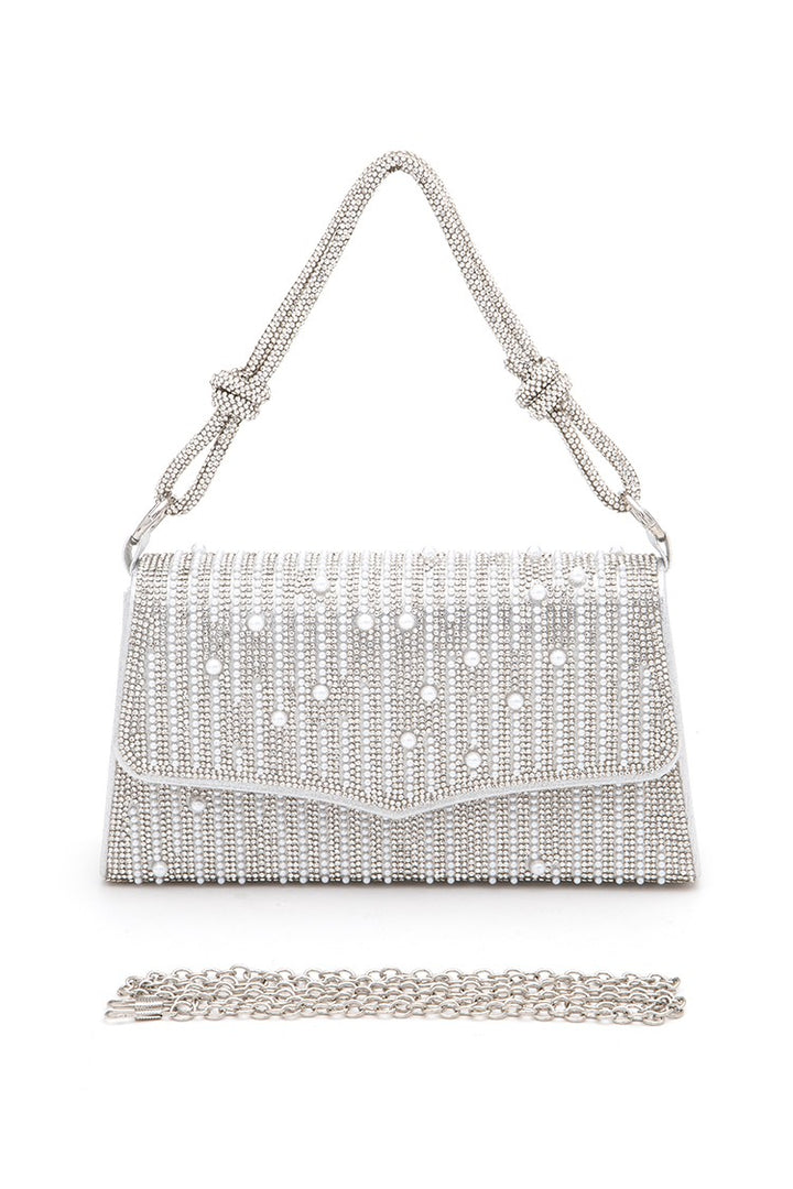 White Rhinestone Pearl Top Handle Statement Clutch Bag