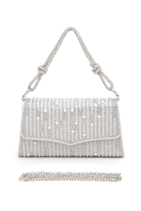 White Rhinestone Pearl Top Handle Statement Clutch Bag