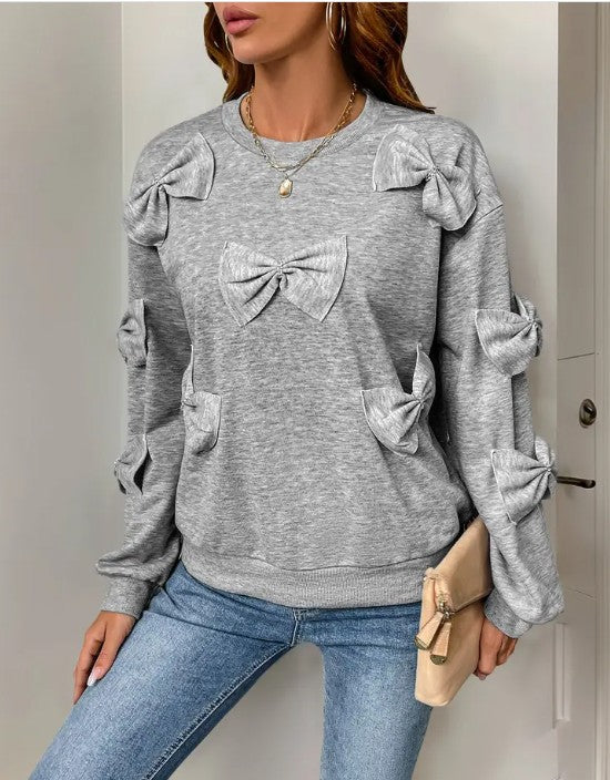 Grey Light Gray Crewneck Bow Sweatershirt