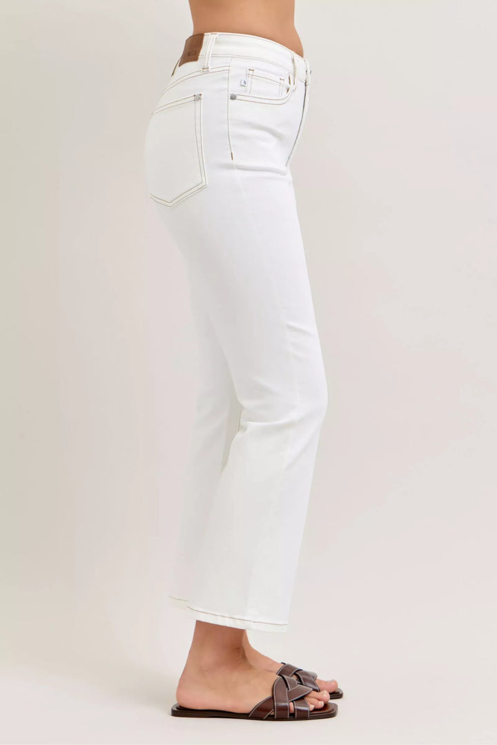 Wht Judy Blue Contrast Stitching Cropped Flare Jeans