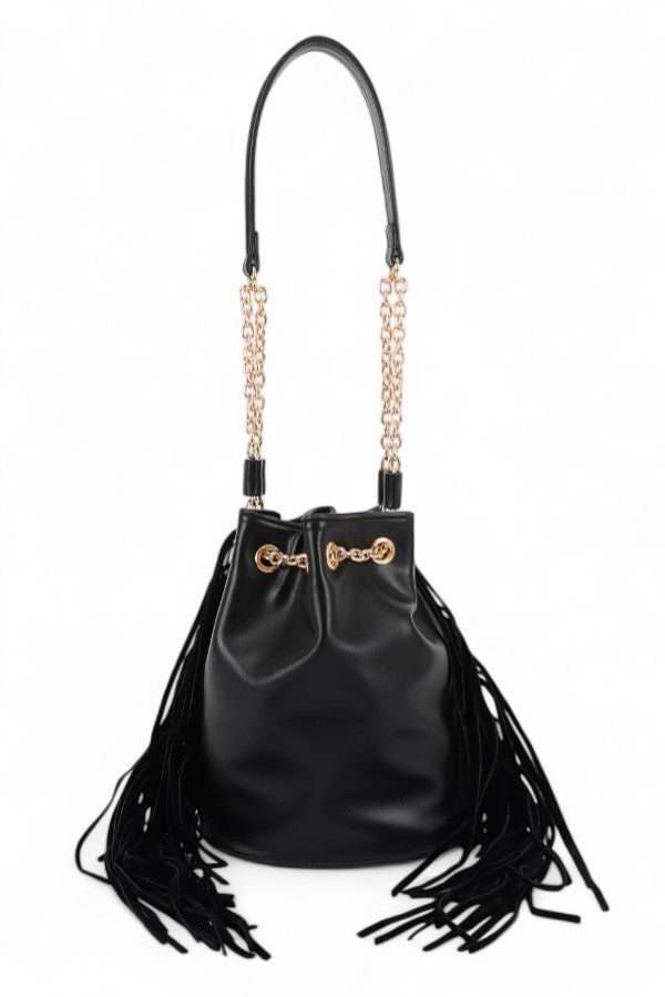 Black Fringed Accent Boho Bucket Bag
