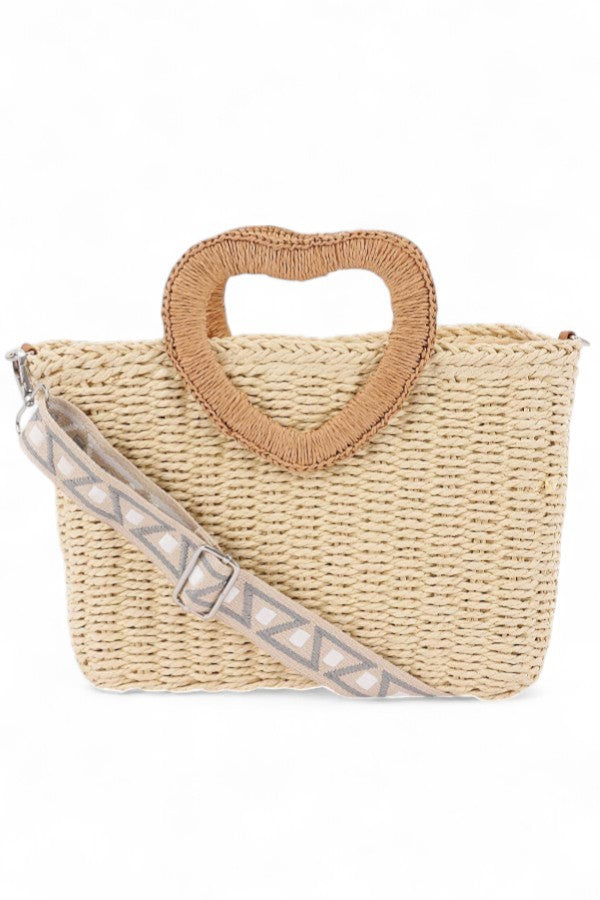 Khaki Heart Shape Handle Straw Tote