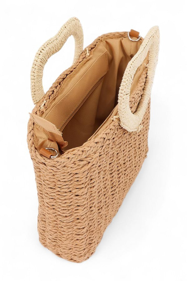 Heart Shape Handle Straw Tote