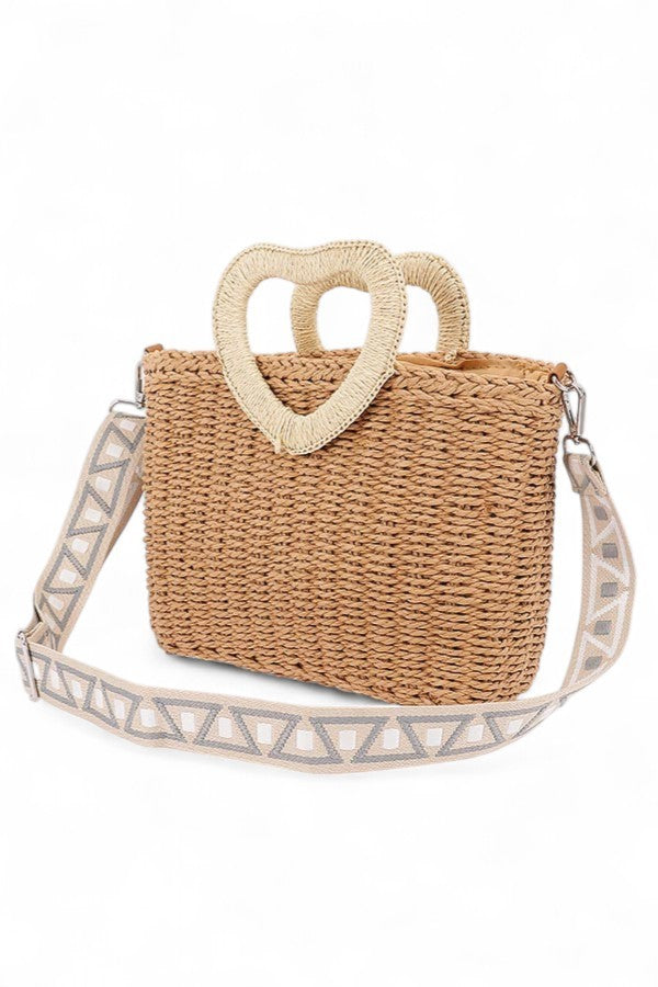 Heart Shape Handle Straw Tote