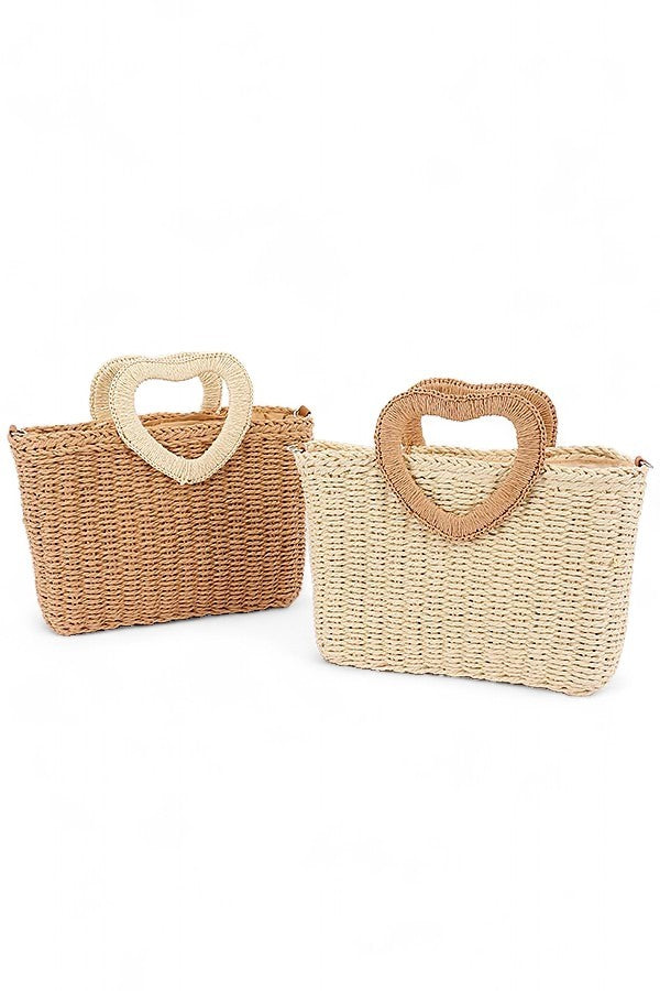 Ivory Heart Shape Handle Straw Tote
