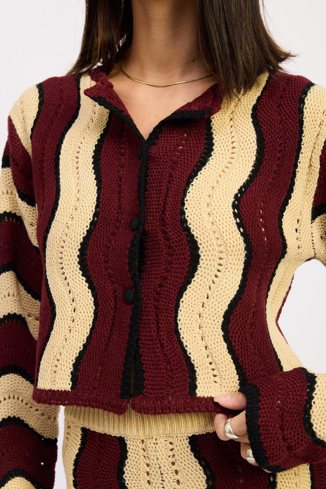 Burgundy Combo Contrast Sweater Cardigan With Covered Buttons