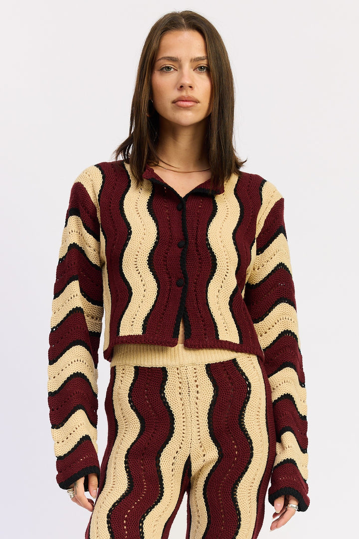 Burgundy Combo Contrast Sweater Cardigan With Covered Buttons