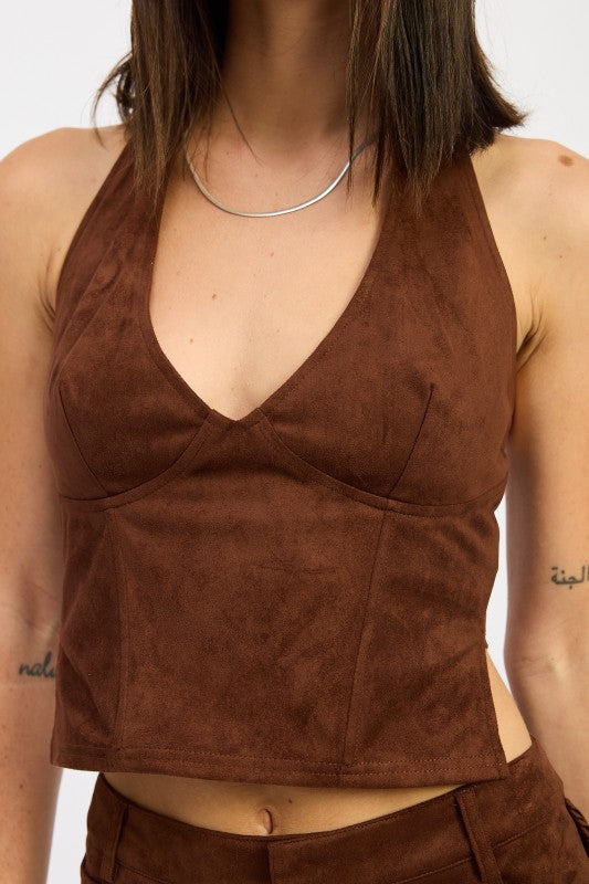 Chocolate Suede Halter Top With Back Zipper