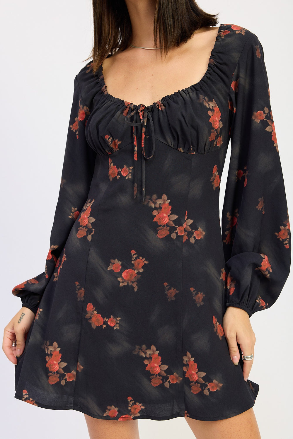 Black Floral Mini Long Sleeve Dress With Square Neckline