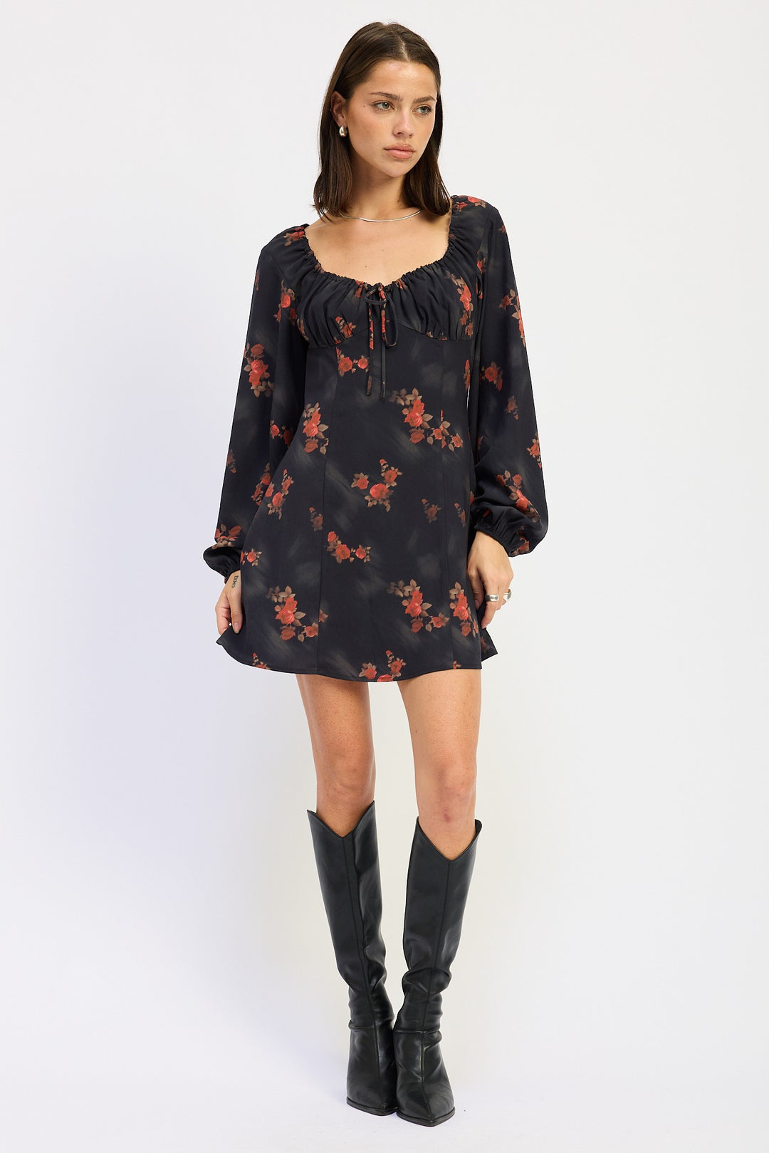 Black Floral Mini Long Sleeve Dress With Square Neckline