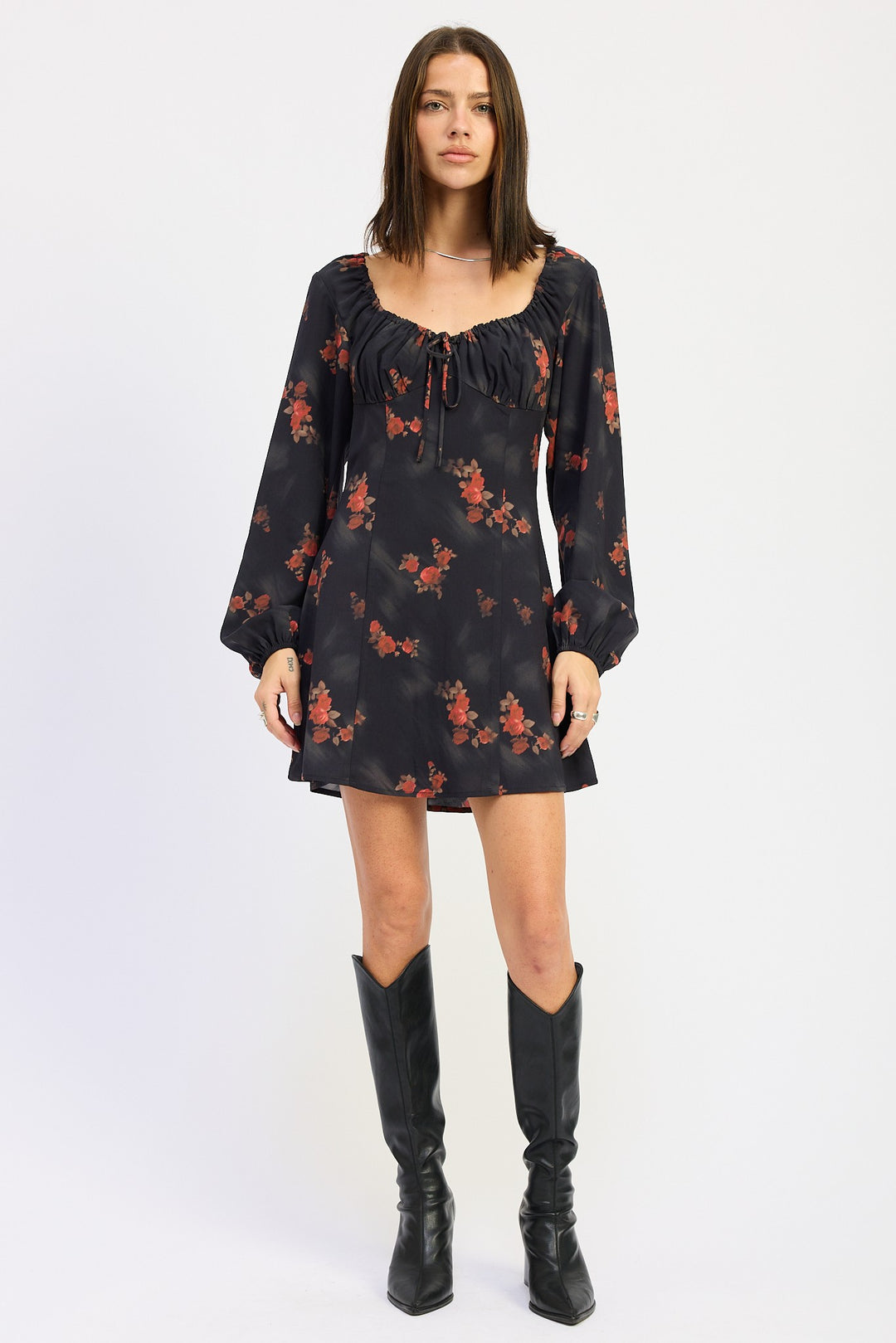 Mini Long Sleeve Dress With Square Neckline