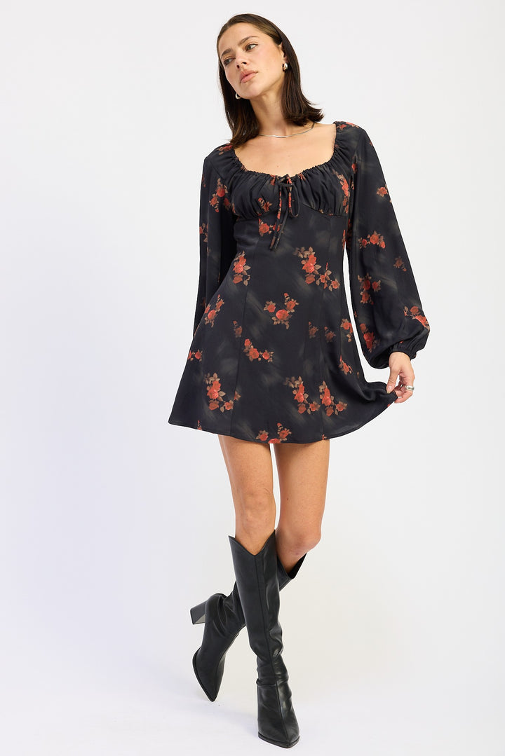 Black Floral Mini Long Sleeve Dress With Square Neckline