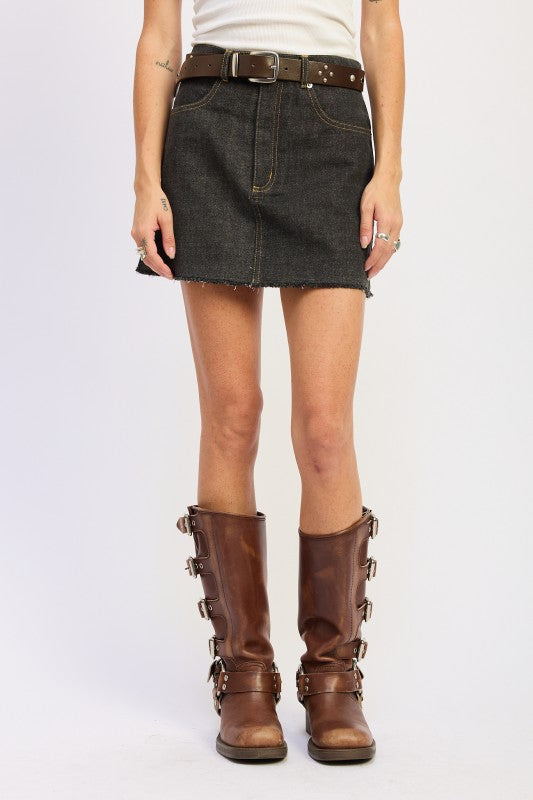 Mix Media Denim Mini Skirt With Pockets