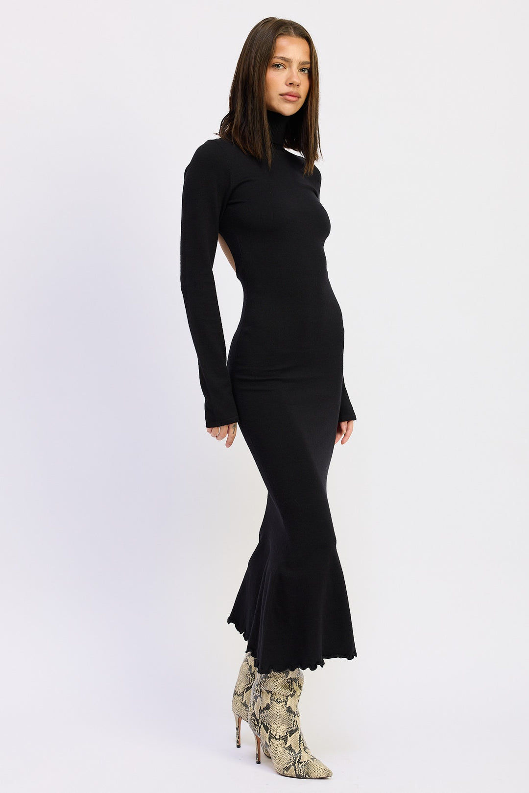 Turtle Neck Midi Dress With Back Cutout