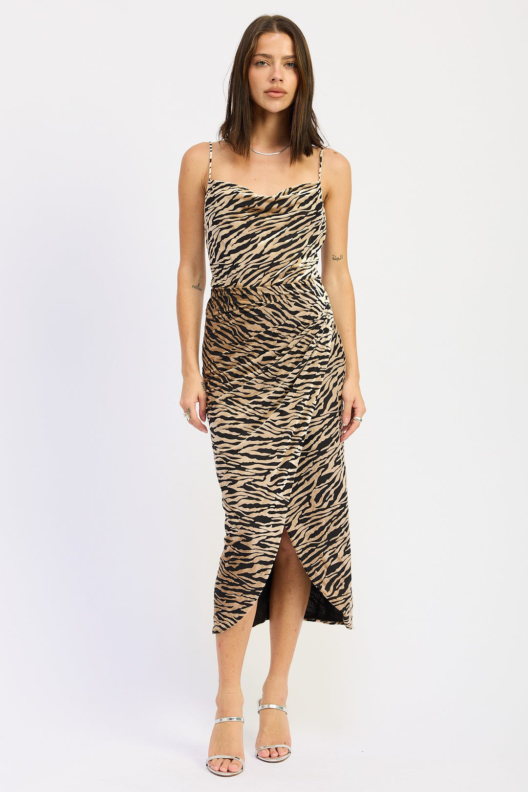 Zebra Print Gathered Midi Dress With Cowl Neck