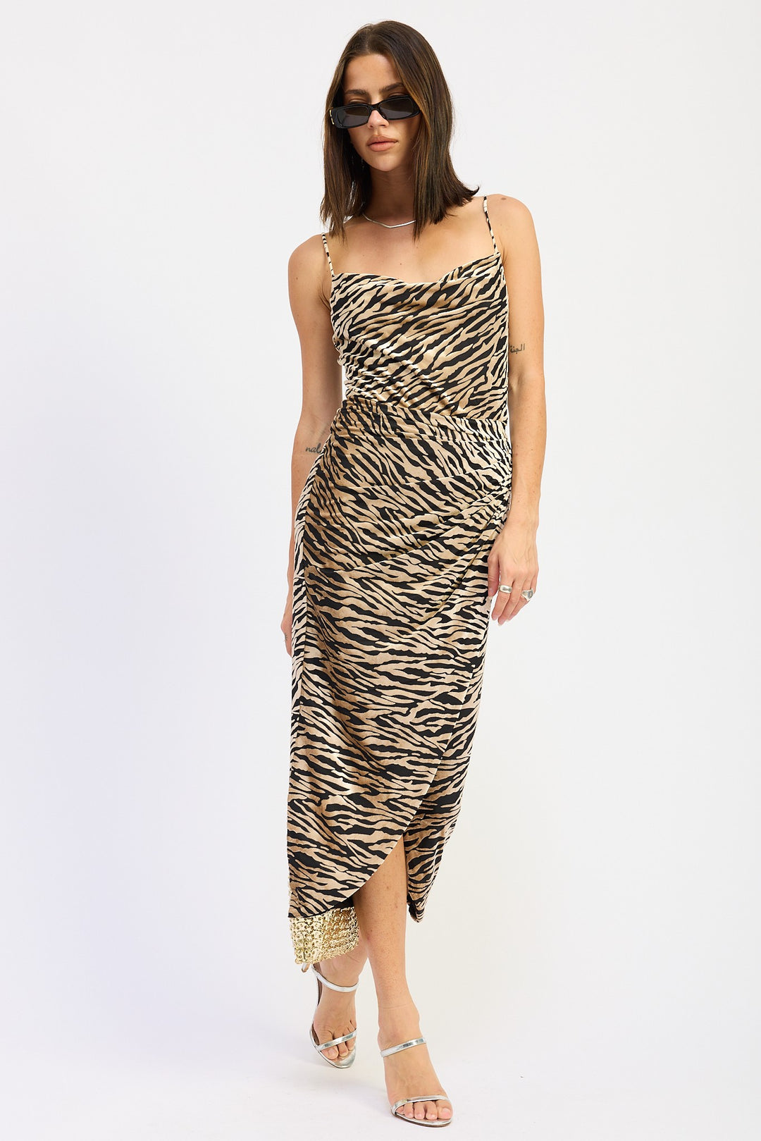 Zebra Print Gathered Midi Dress With Cowl Neck