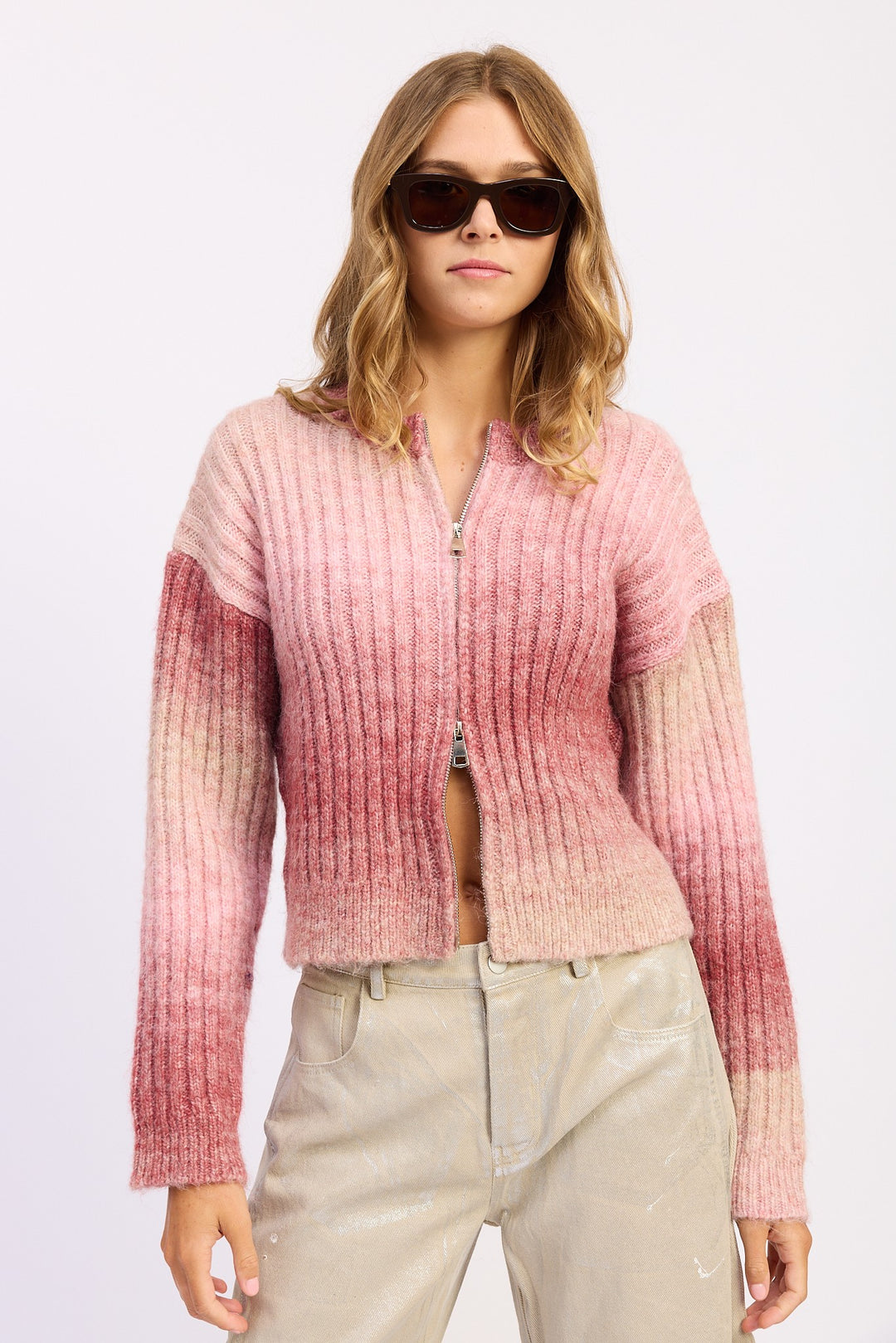 Rose Ribbed Cardigan With Double Zipper