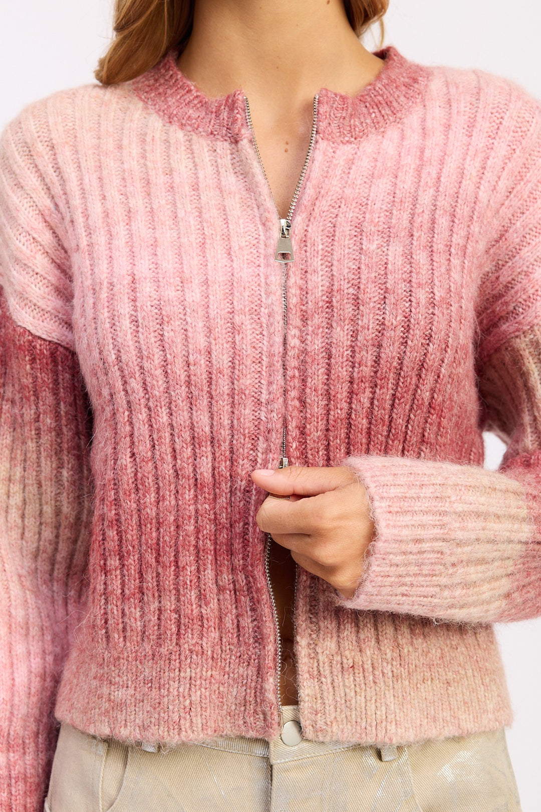 Rose Ribbed Cardigan With Double Zipper