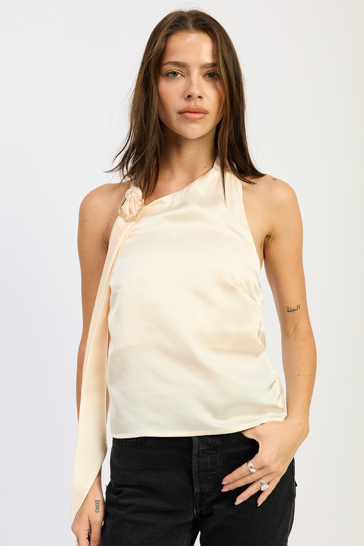 Ivory One Shoulder Top With Scarf Detail
