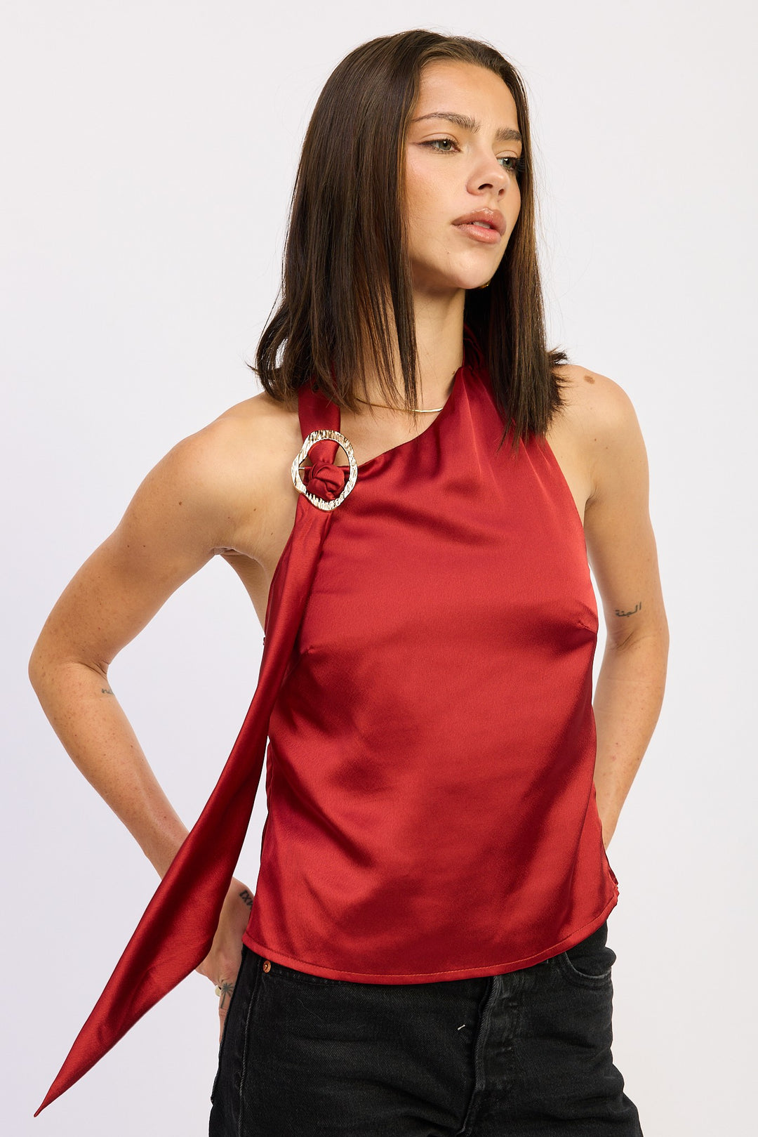 Ivory One Shoulder Top With Scarf Detail