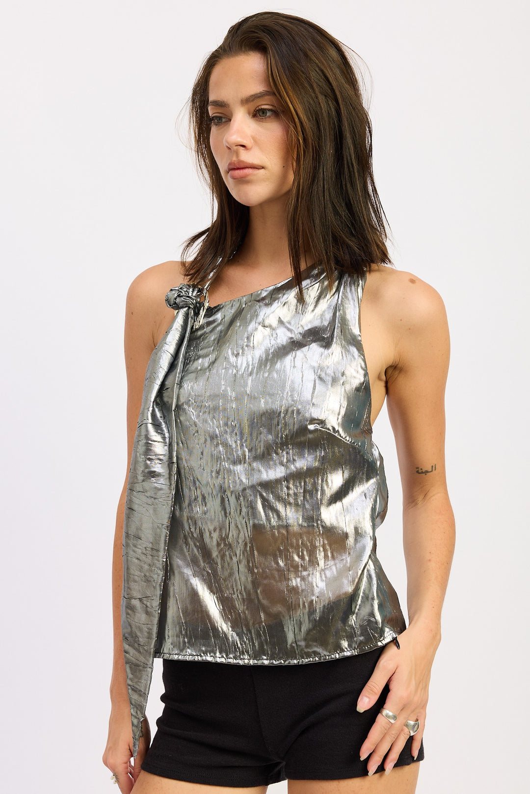 Metallic One Shoulder Top With Scarf Detail