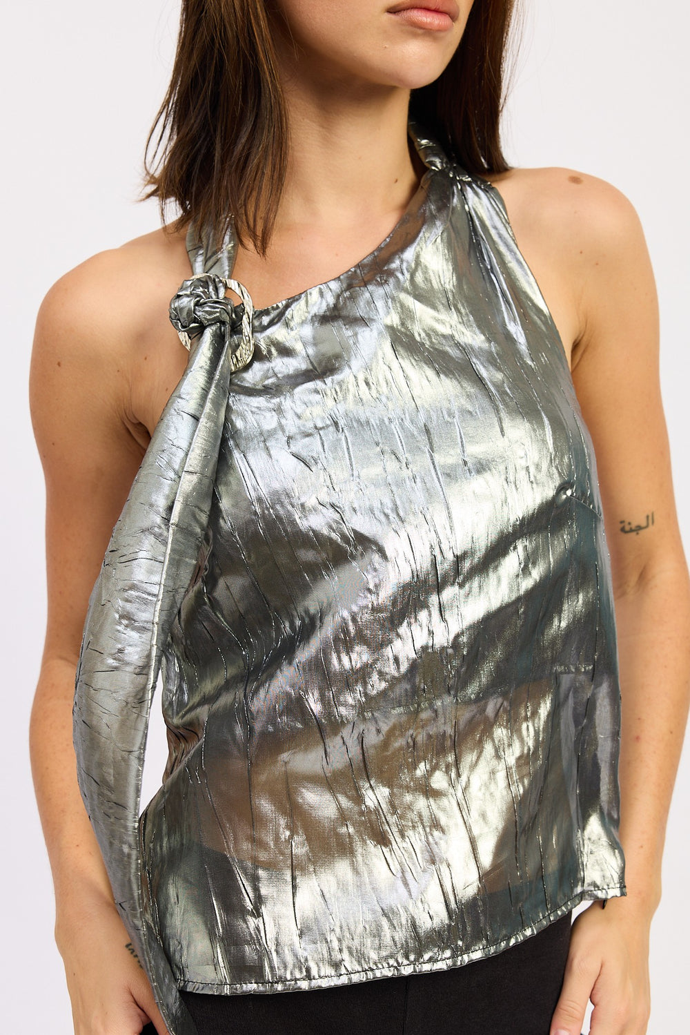 Black Silver Metallic One Shoulder Top With Scarf Detail