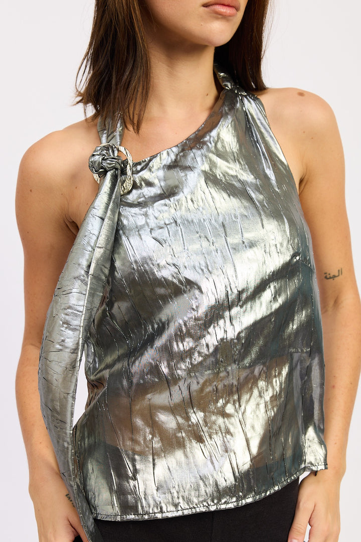 Black Silver Metallic One Shoulder Top With Scarf Detail