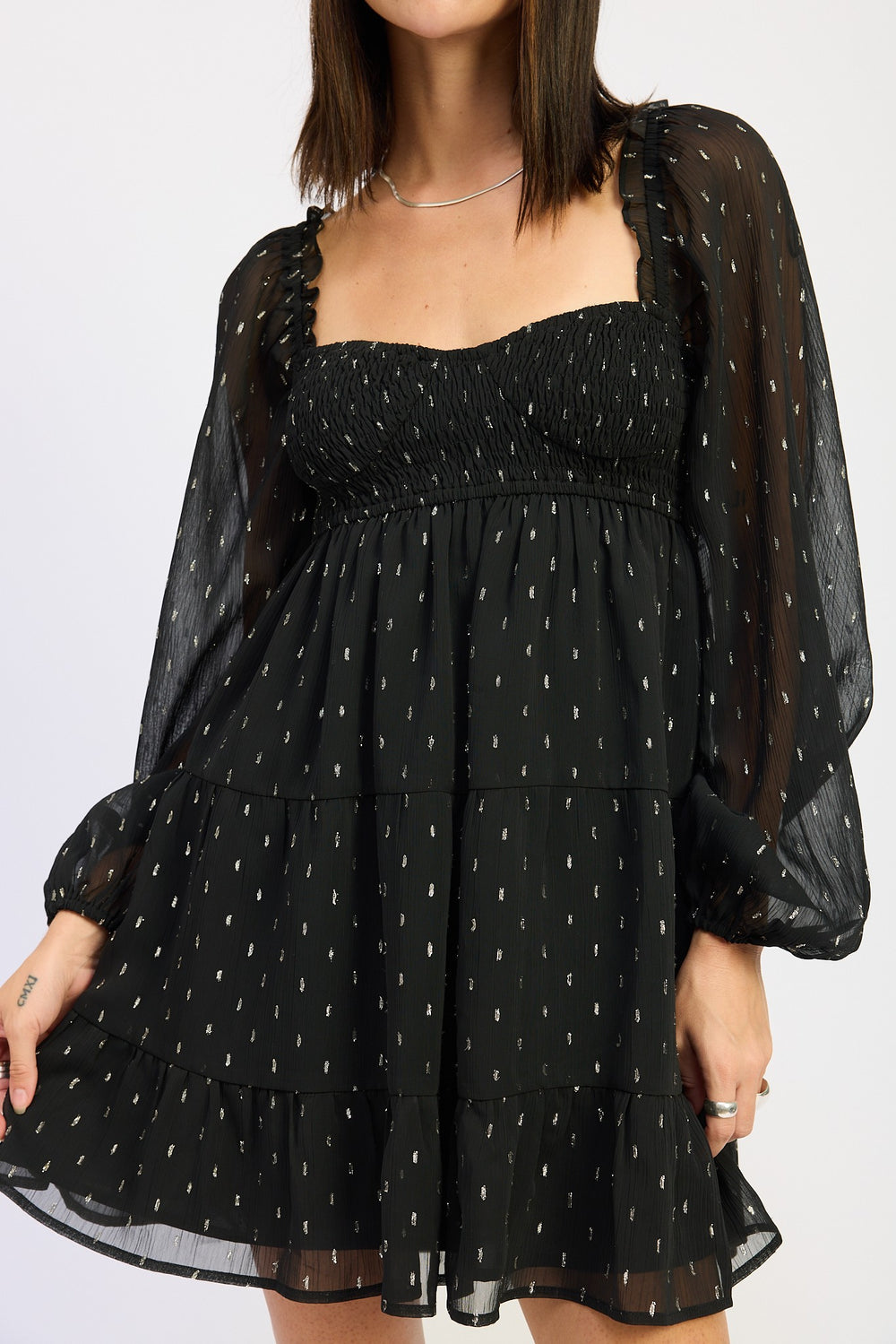 Black Long Sleeve Smocked Baby Doll Mini Dress