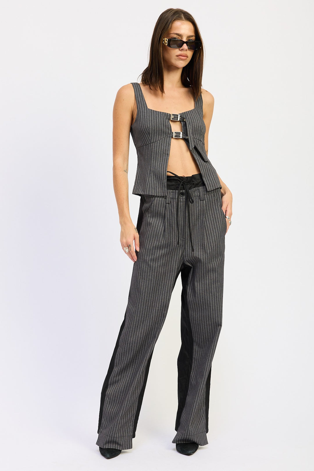 Grey Pinstripe Loose Fit Mix Media Pants