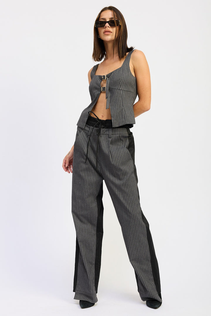 Grey Pinstripe Loose Fit Mix Media Pants
