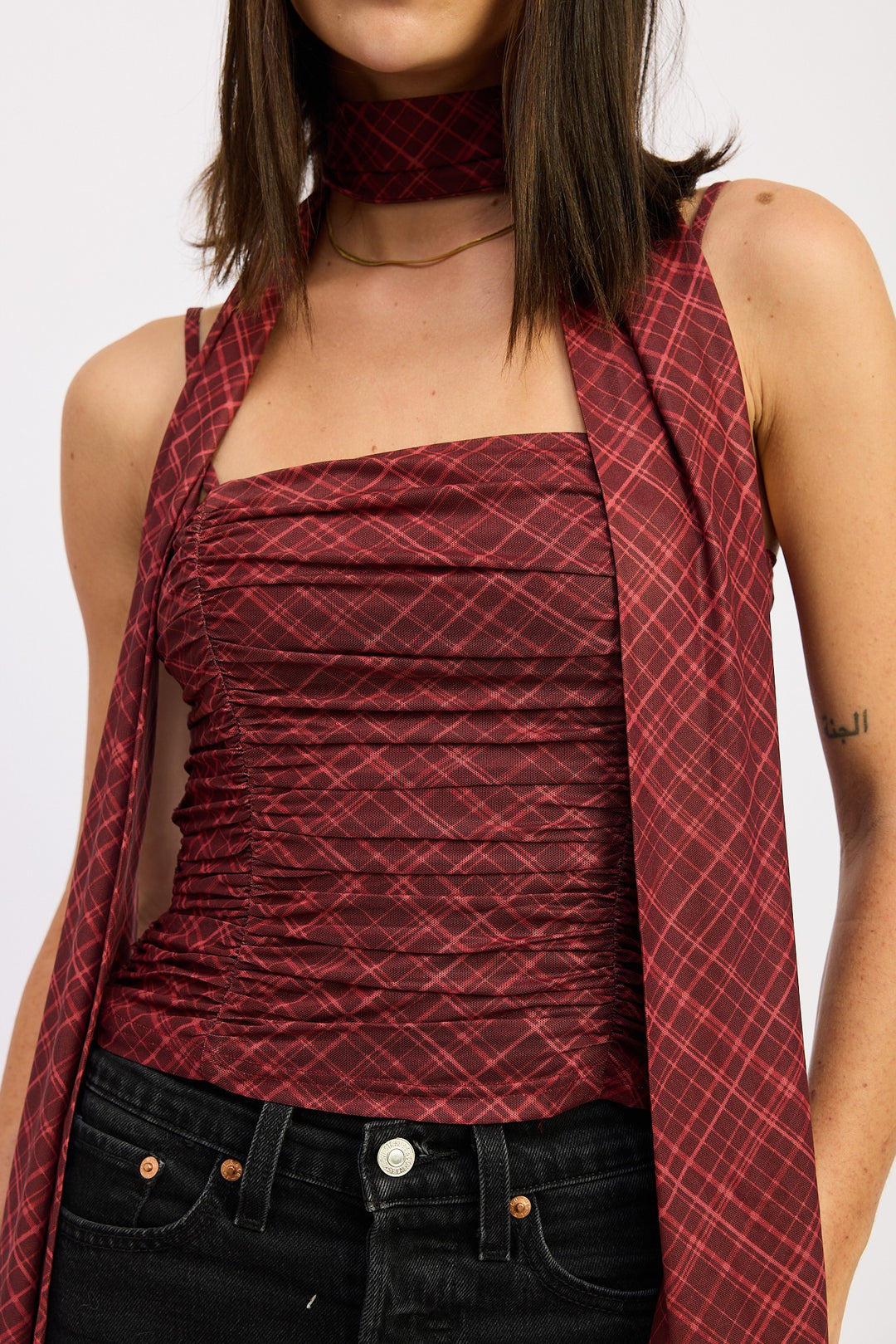 Burgundy Flannel Spaghetti Strap Top With Scarf And Back Zipper