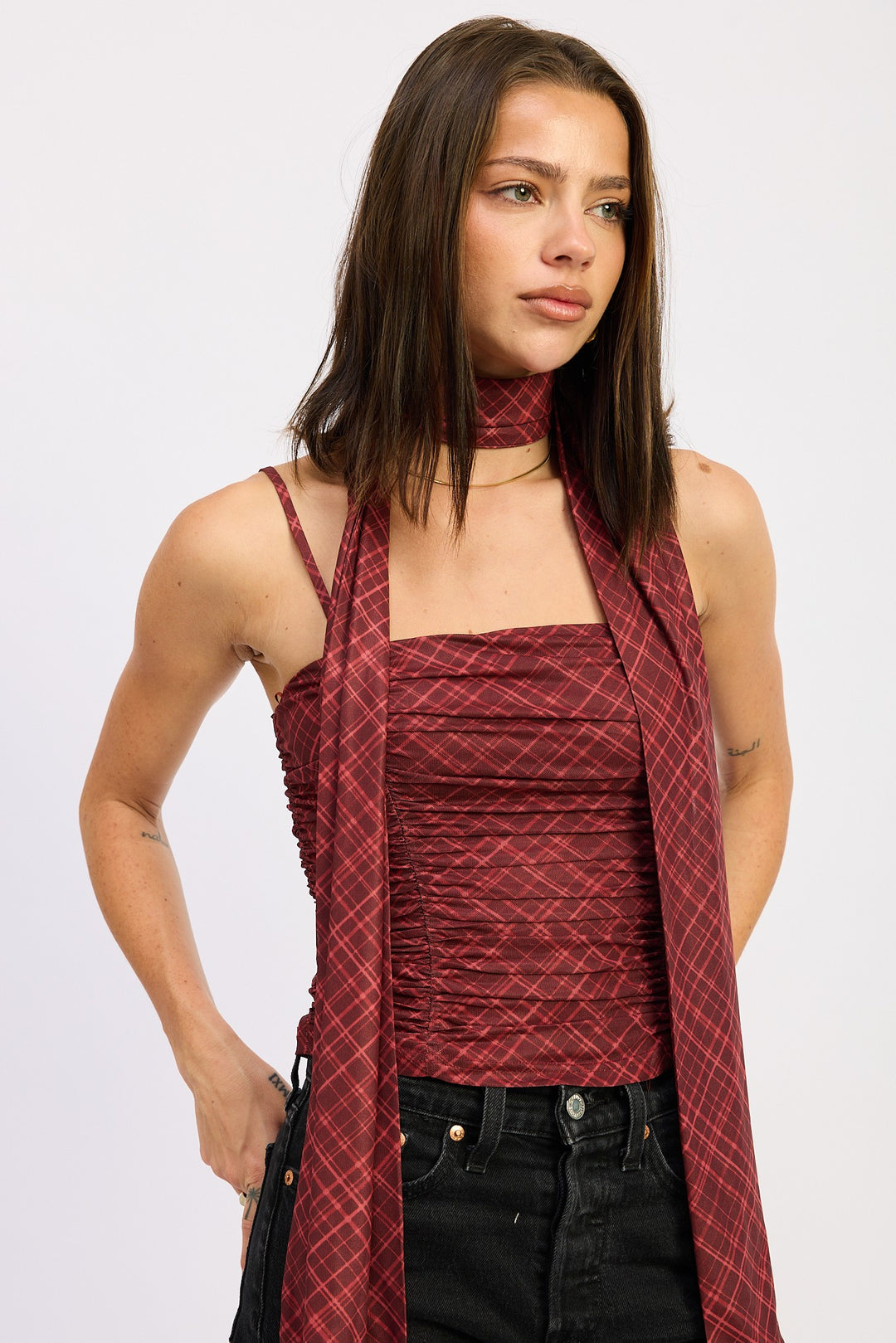 Burgundy Flannel Spaghetti Strap Top With Scarf And Back Zipper
