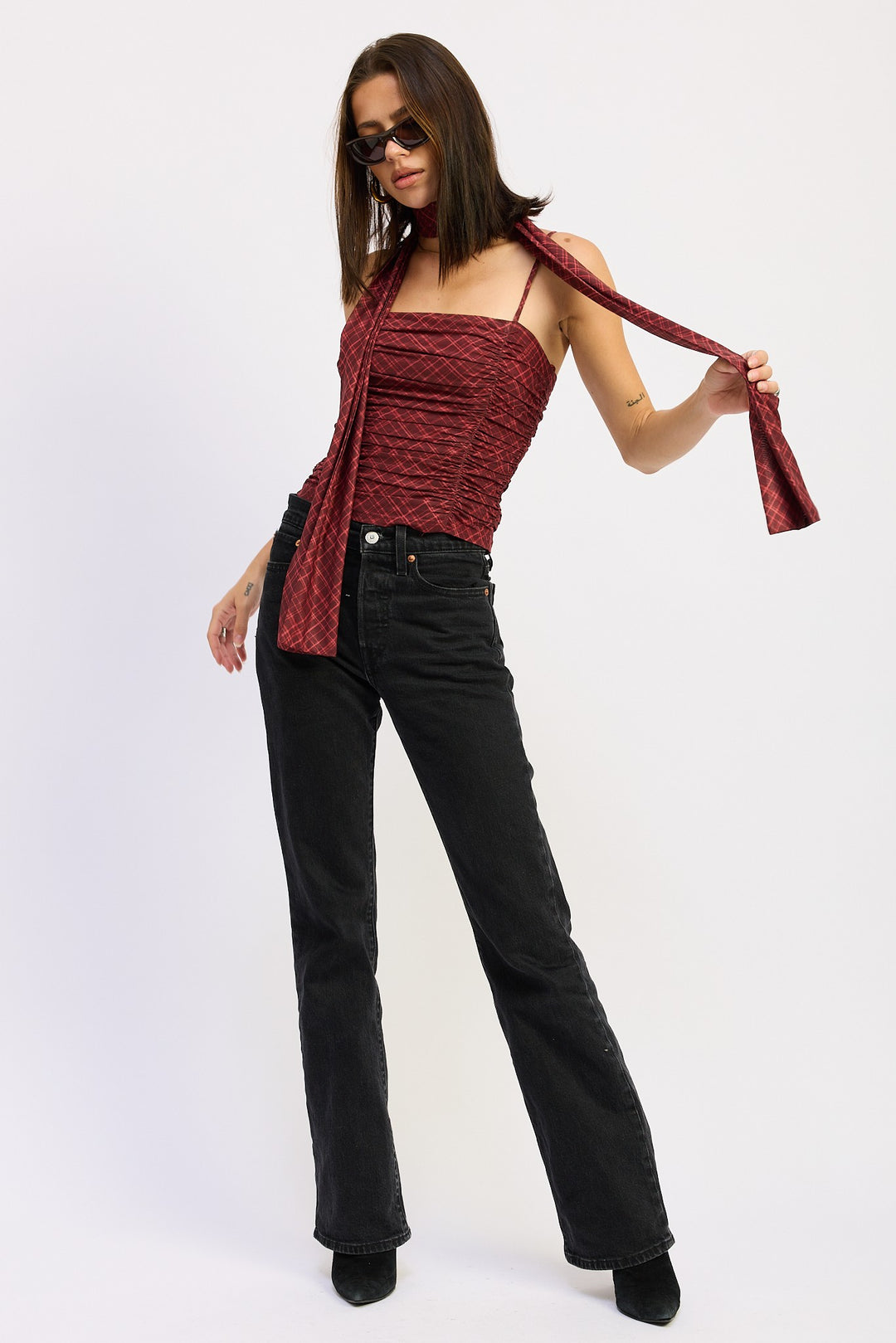 Burgundy Flannel Spaghetti Strap Top With Scarf And Back Zipper
