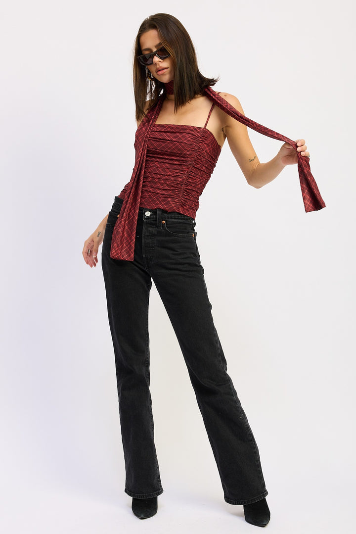 Burgundy Flannel Spaghetti Strap Top With Scarf And Back Zipper