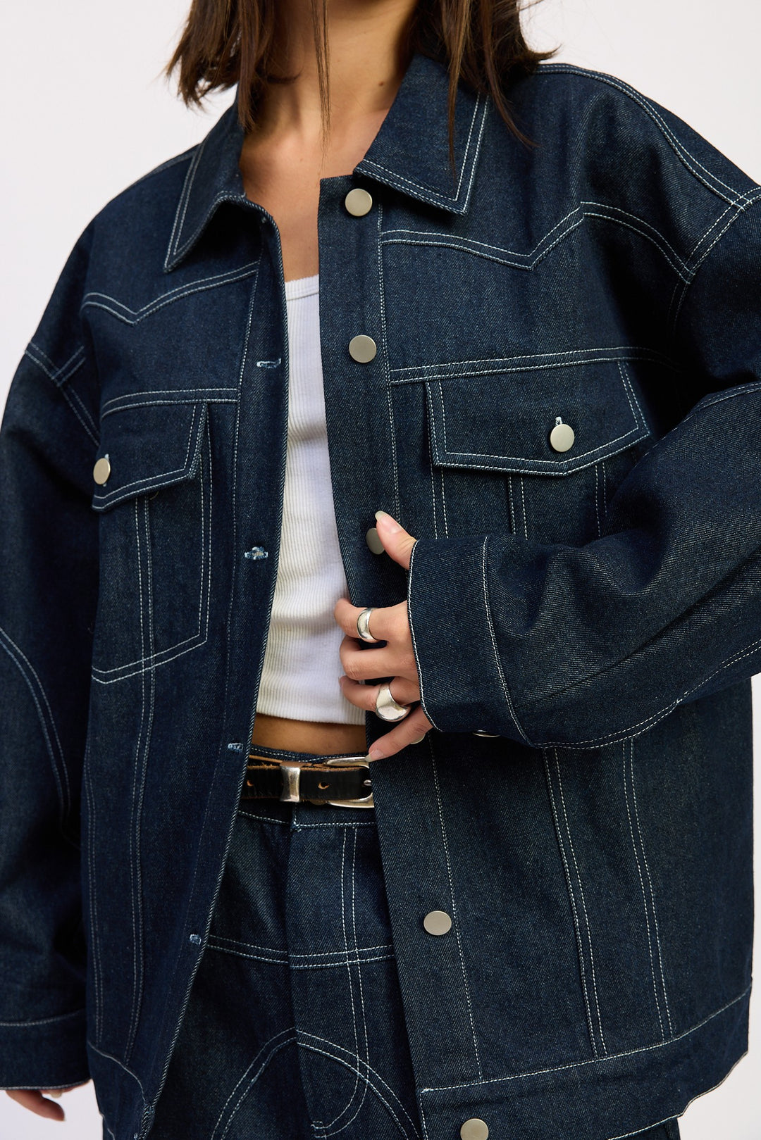 Dark Denim Oversized Twill Button Up Jacket