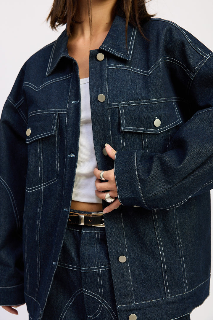 Dark Denim Oversized Twill Button Up Jacket