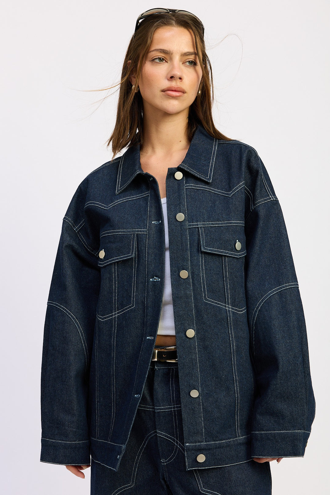 Dark Denim Oversized Twill Button Up Jacket