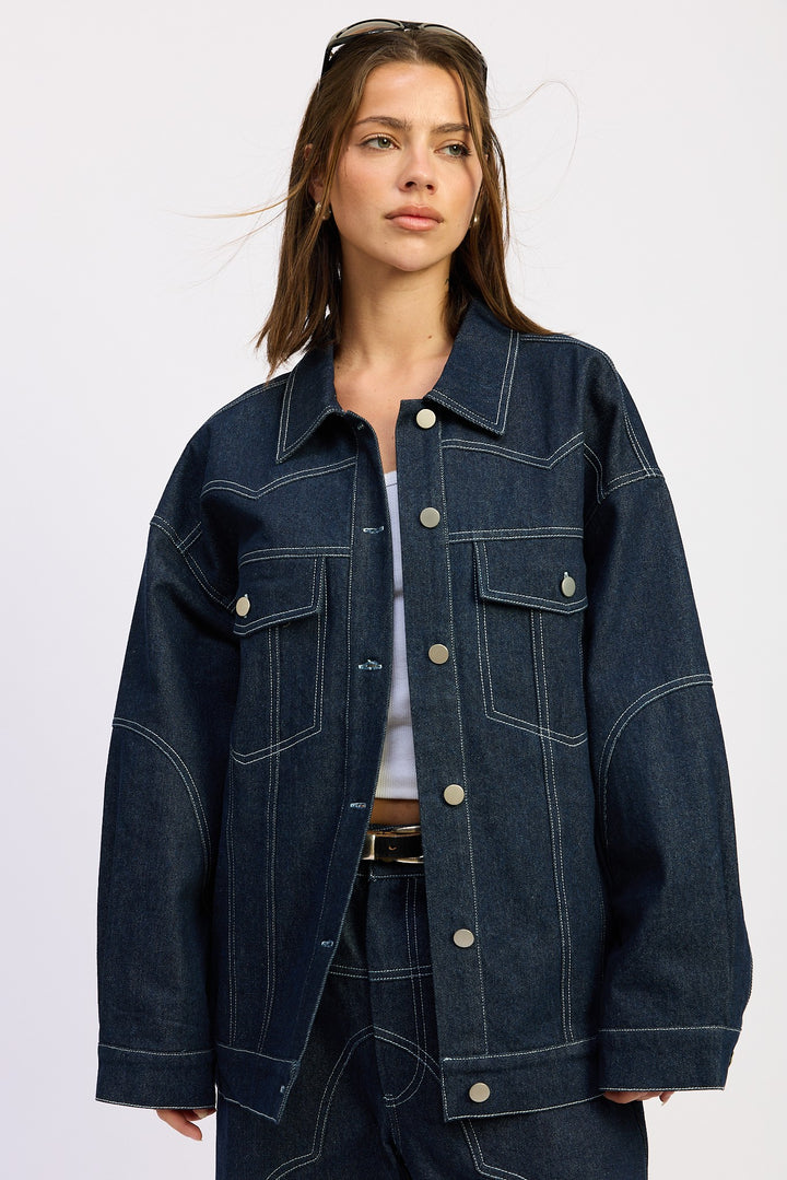 Dark Denim Oversized Twill Button Up Jacket