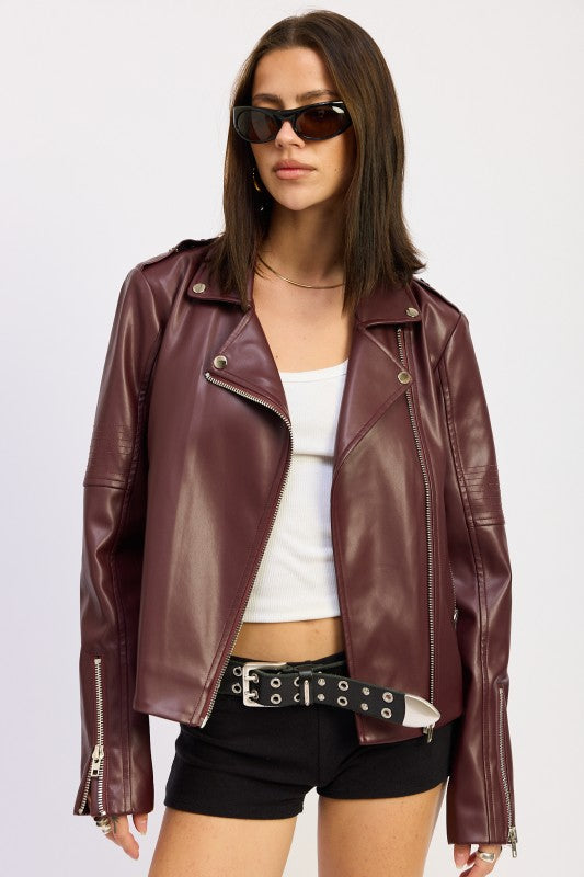 Burgundy Leather Biker Jacket