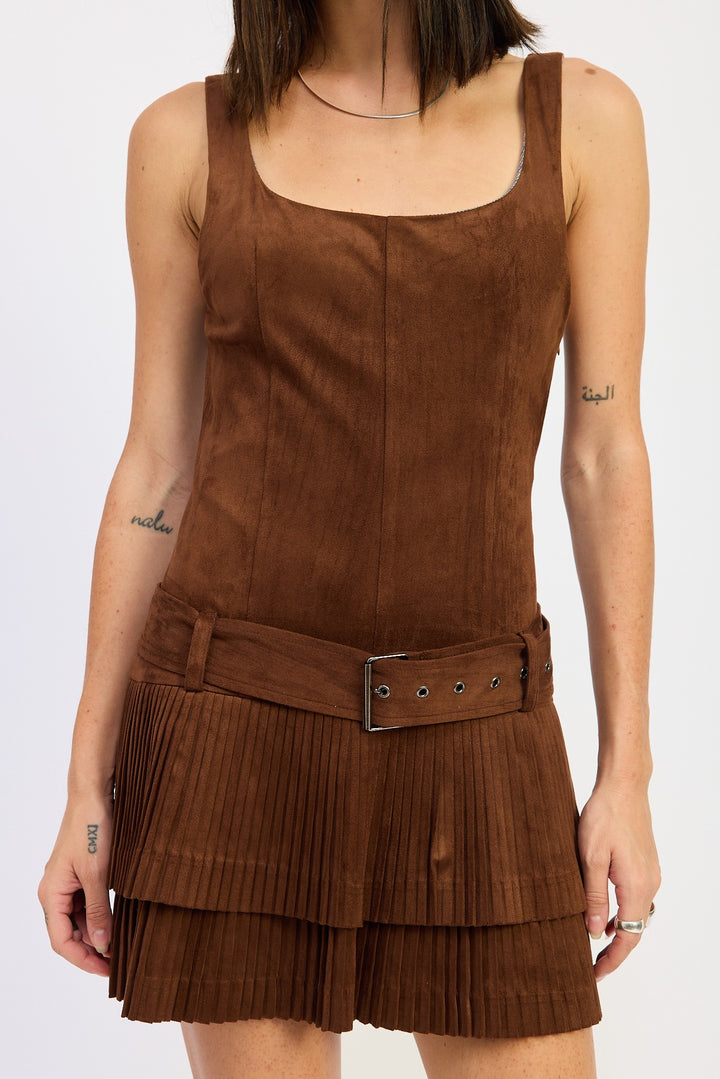 Chocolate Belted Suede Pleat Mini Dress