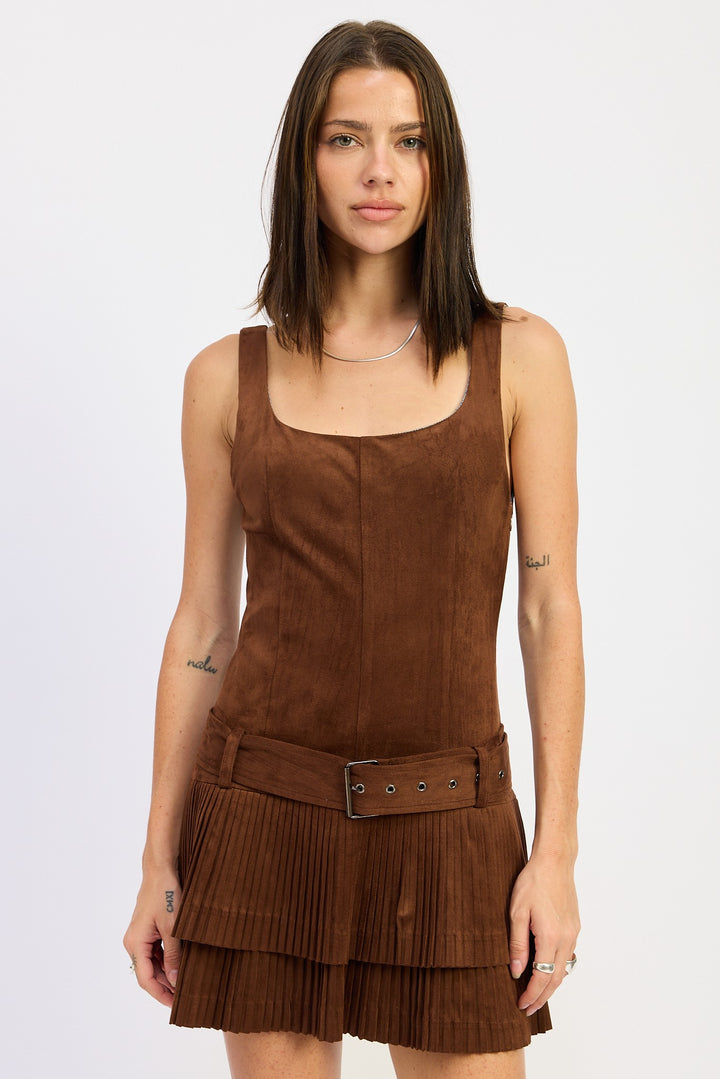 Chocolate Belted Suede Pleat Mini Dress